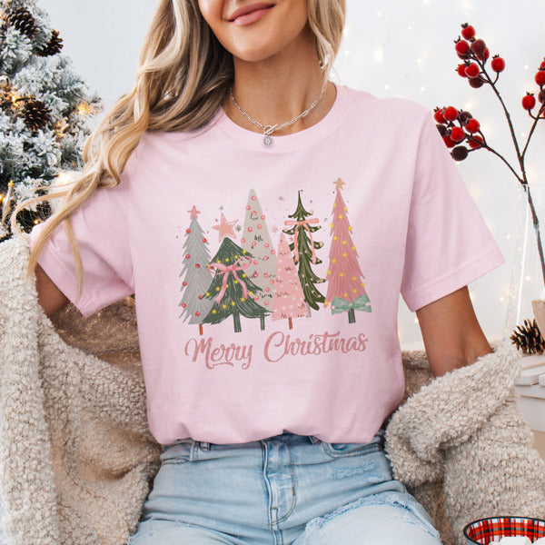 Graphic Tee, Tshirt, Christmas, Holiday, Bows, Pastel Trees