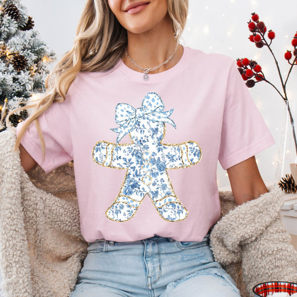 Graphic Tee, Tshirt, Christmas, Holiday, Bows, Toile Gingerbread Man