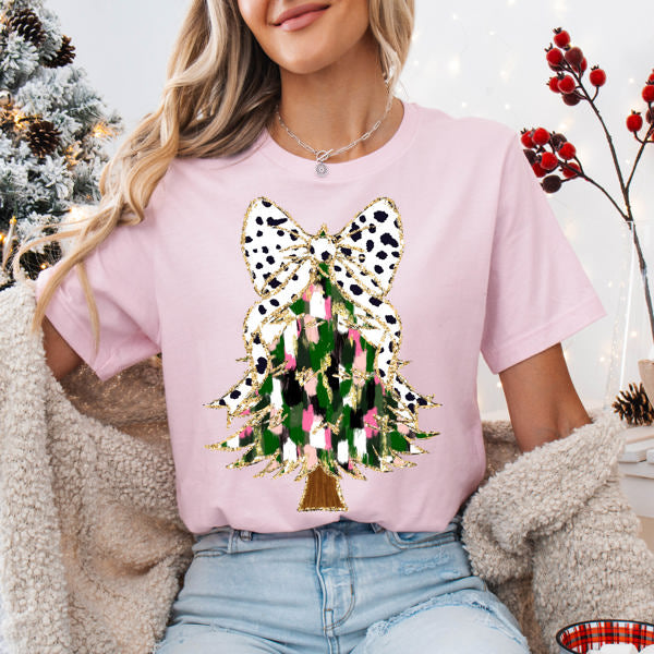 Graphic Tee, Tshirt, Christmas, Holiday, Bows, Black White Pink Tree