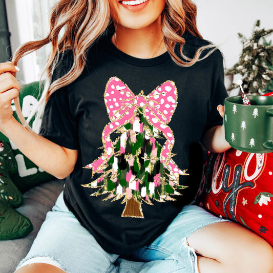 Graphic Tee, Tshirt, Christmas, Holiday, Pink White Bow