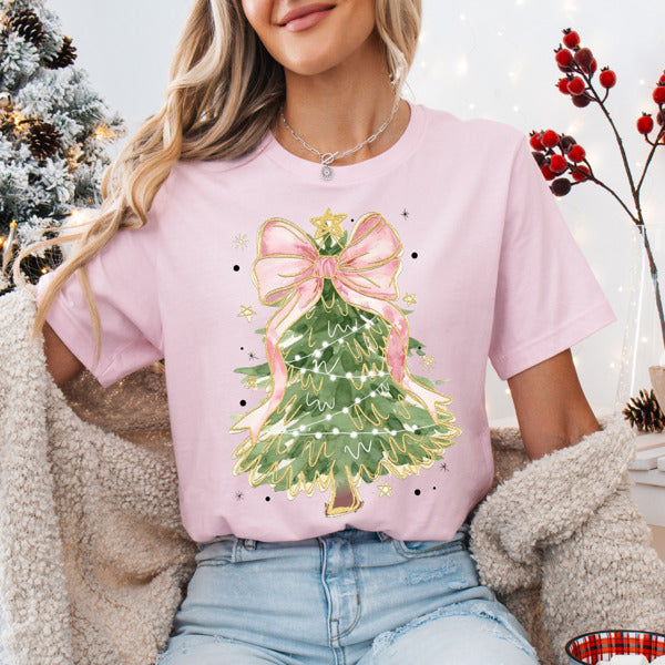 Graphic Tee, Tshirt, Christmas, Holiday, Bows, Watercolor Pastel Tree