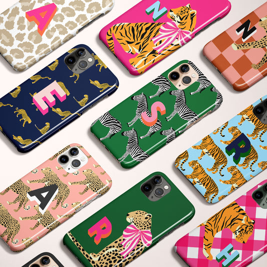 Personalized Animal Initial Phone Case, Custom Letter Case, iPhone 16 case, 15, 14, 13, Magsafe, Pro Max, Leopard, Cheetah, Tiger, Zebra