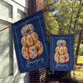 Load image into Gallery viewer, Personalized Flag, Custom Fall Garden & House Flag, Autumn Decor, Harvest Farmhouse, Pumpkin Topiary Buffalo Blue Damask, Floral Pumpkin
