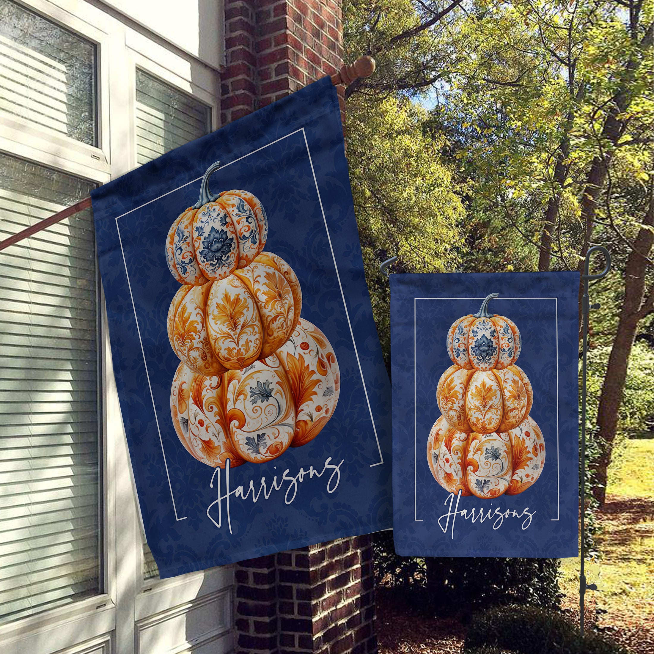 Personalized Flag, Custom Fall Garden & House Flag, Autumn Decor, Harvest Farmhouse, Pumpkin Topiary Buffalo Blue Damask, Floral Pumpkin