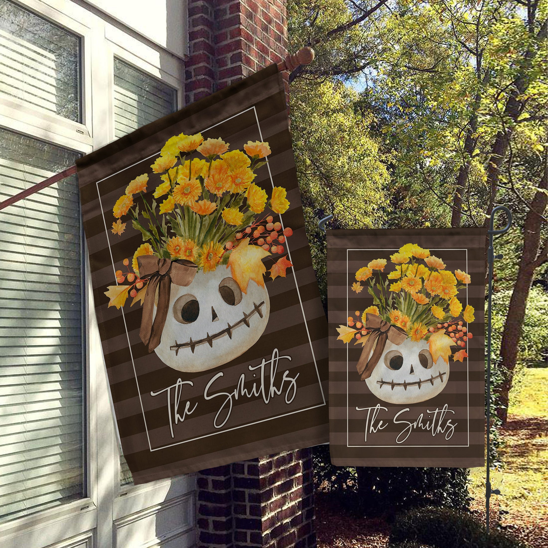 Personalized Flag, Custom Fall Garden & House Flag, Autumn Decor, Harvest, Pumpkin, Skeleton, Flowers Pumpkin Arrangement, Halloween, Spooky