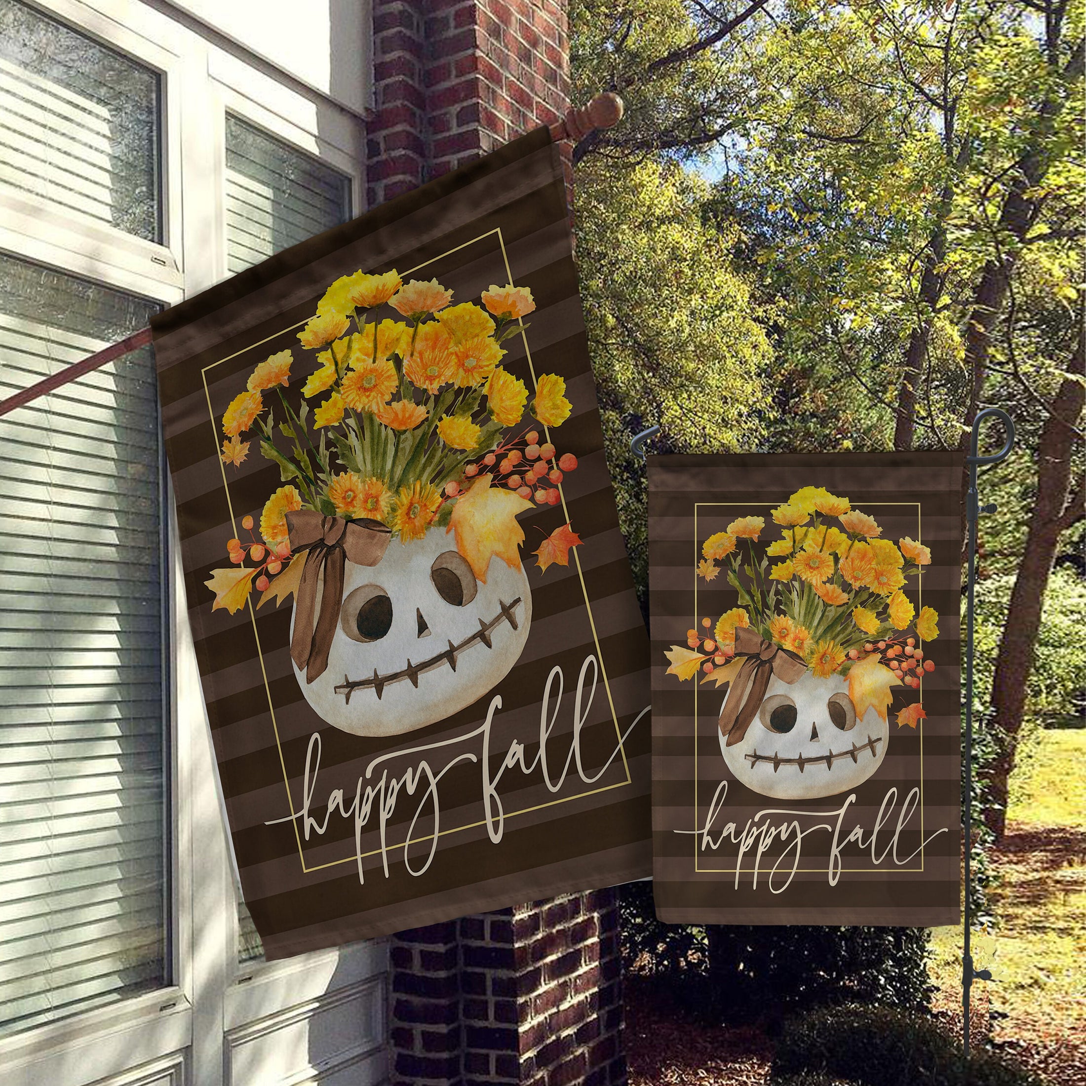 Fall Flag, Welcome Garden & House Flag, Autumn Decor, Autumn Decor, Harvest, Pumpkin, Skeleton, Flowers Pumpkin Arrangement,Halloween,Spooky