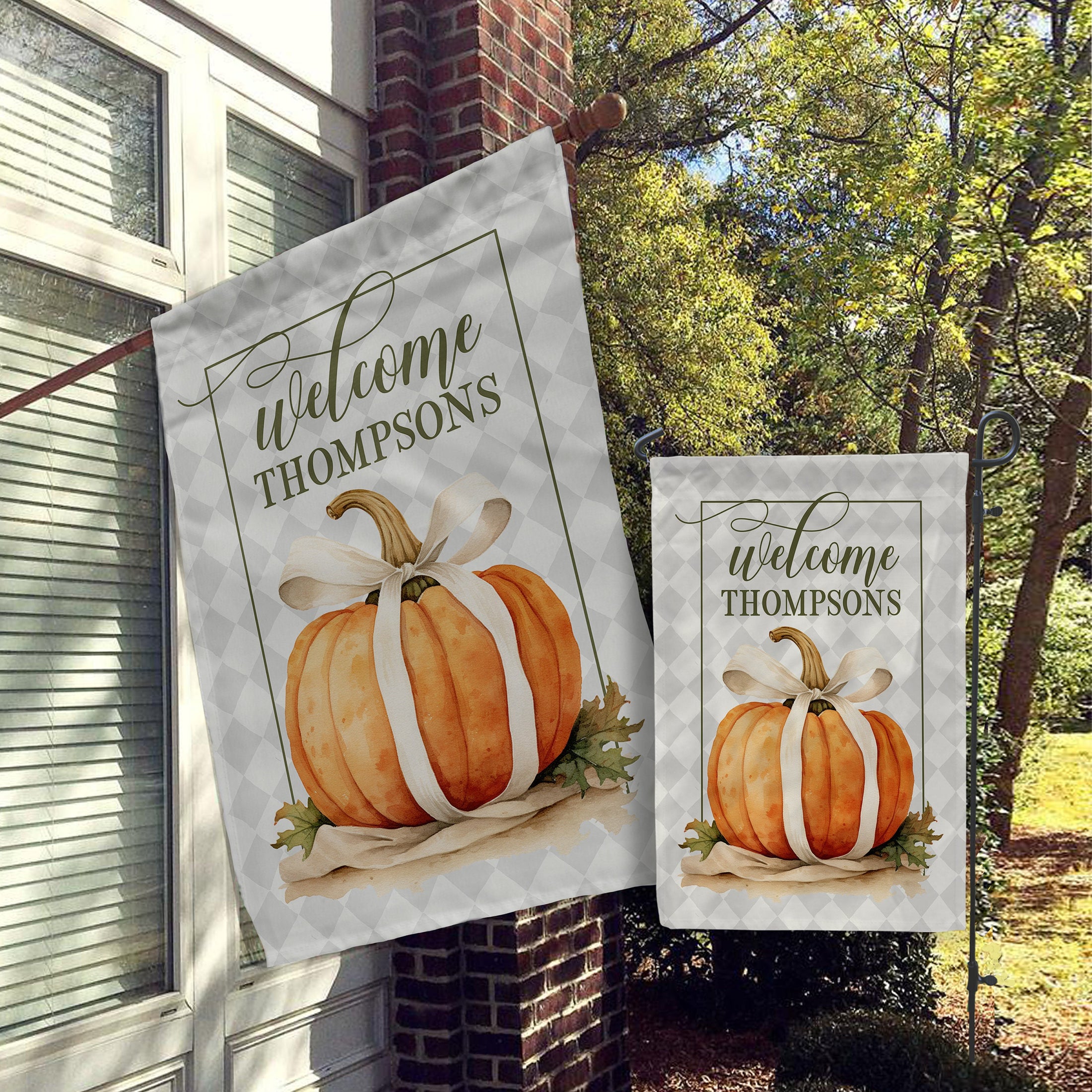 Personalized Flag, Custom Fall Garden & House Flag, Autumn Decor, Harvest, Pumpkin, Diamond Harlequin, Neutral, Natural Decor Classy