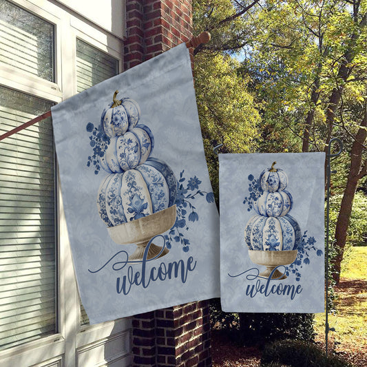 Fall Flag, Welcome Garden & House Flag, Autumn Decor, Harvest Farmhouse, Pumpkin Topiary Light Blue Damask, Floral Ornate Pumpkins, Classy