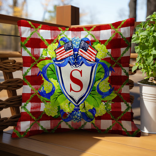 Personalized Pillow Cover, Monogram, Custom Pillow, Modern Preppy, Maximalist, Hydrangeas, American Decor, USA, 4th of July, Patriotic