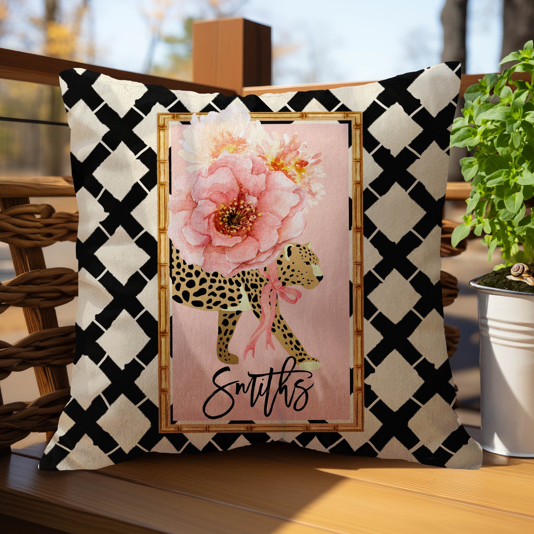 Personalized Pillow Cover, Monogram Initial, Custom Pillow Case, Modern Preppy Pillow, Cheetah, Leopard, Pink, Cream, Bow Maximalist Flowers