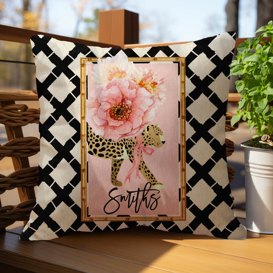 Personalized Pillow Cover, Monogram Initial, Custom Pillow Case, Modern Preppy Pillow, Cheetah, Leopard, Pink, Cream, Bow Maximalist Flowers