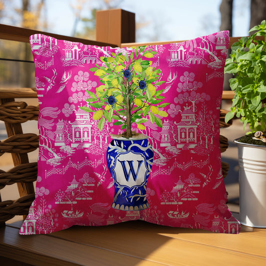 Personalized Pillow Cover, Monogram, Custom Pillow, Modern Preppy Pillows, Maximalist, Ginger Jar, Lemon Tree Topiary, Initial, Chinoiserie