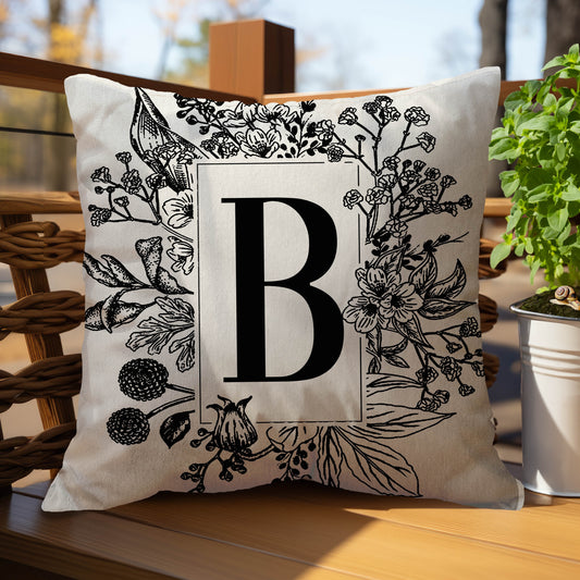 Personalized Pillow Cover, Custom Pillow, Modern Preppy Pillows, Minimalist, Black and Cream Flower Illustration, Classy Initial