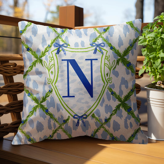 Personalized Pillow Cover, Monogram, Custom Pillow, Modern Preppy Pillows, Maximalist, Leopard, Shield, Bows, Initial, Vines, Blue and Green