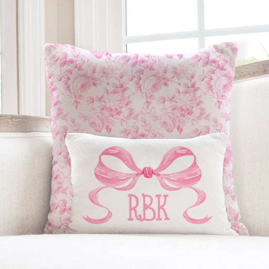 Personalized Pillow Cover, Monogram Initial, Custom Pillow Case, Preppy Grand millenial, Fancy Rose Pattern, Pink, Love Ribbons, Coquette