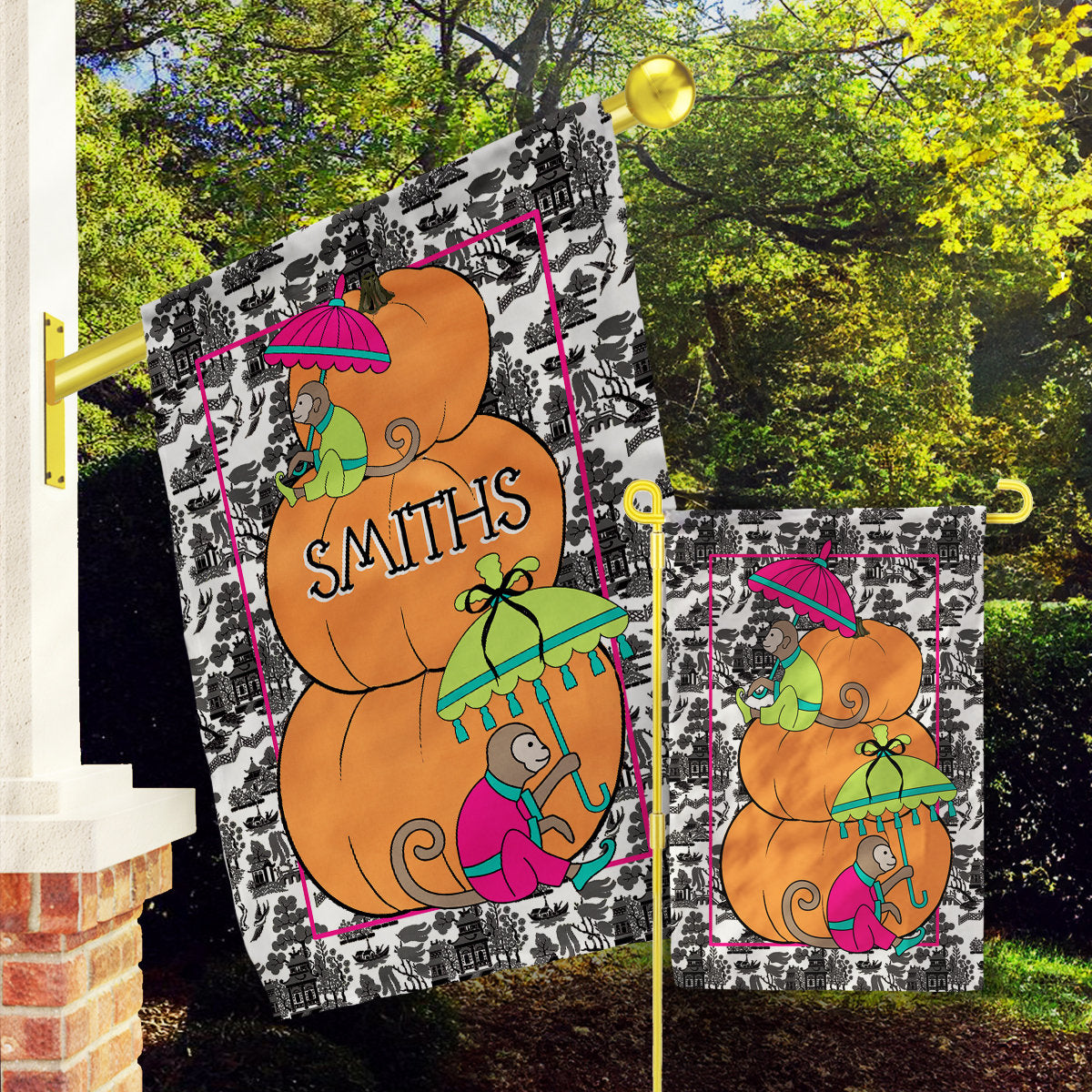 Personalized Pumpkin Garden Flags, Fall House Flag, Preppy Welcome, Pumpkin Chinoiserie, Monkeys, Umbrellas, Pumpkins, Grandmillenial