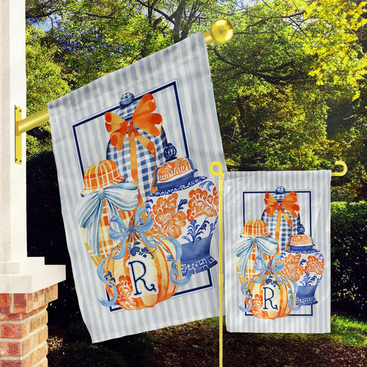 Personalized Flag, Custom Fall Garden & House Flag, Pumpkin Chinoiserie, Blue Ginger Jar, Preppy Bow Pumpkin, Initial, Halloween, Stripes