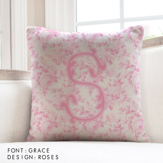 Personalized Pillow Cover, Monogram Initial, Custom Pillow Case, Preppy Grand millenial, Fancy Rose Pattern, Pink, Love Ribbons, Coquette