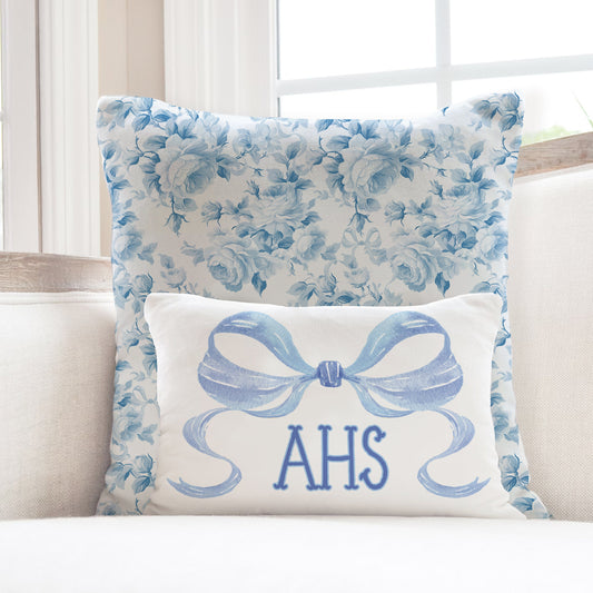 Personalized Pillow Cover, Monogram Initial, Custom Pillow Case,Preppy Grand millenial, Fancy Rose Pattern, Light Blue,Love Ribbon, Coquette