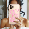 Load image into Gallery viewer, Personalized Clear Phone Case, Custom Letter Case, iPhone 15 Case, 14, 13, Magsafe, Pro Max, Pink Fancy Ribbon, Love, Coquette Design
