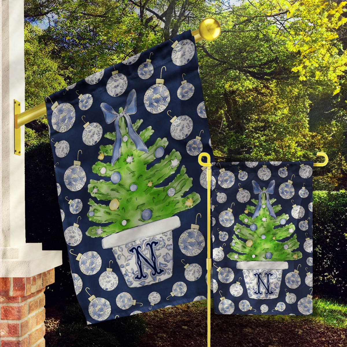 Custom Personalized Christmas Flag, Happy Holidays, Merry Christmas Winter, House Garden Flag, Monogram Flag, Chinoiserie, Ginger Jar, Tree