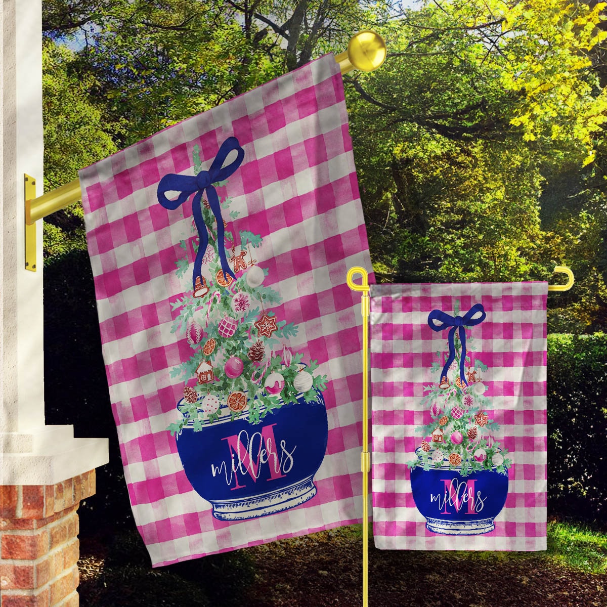 Custom Personalized Christmas Flag, Happy Holidays, Merry Christmas Winter, House Garden Flag, Monogram Flag, Preppy Topiary Tree, Bow