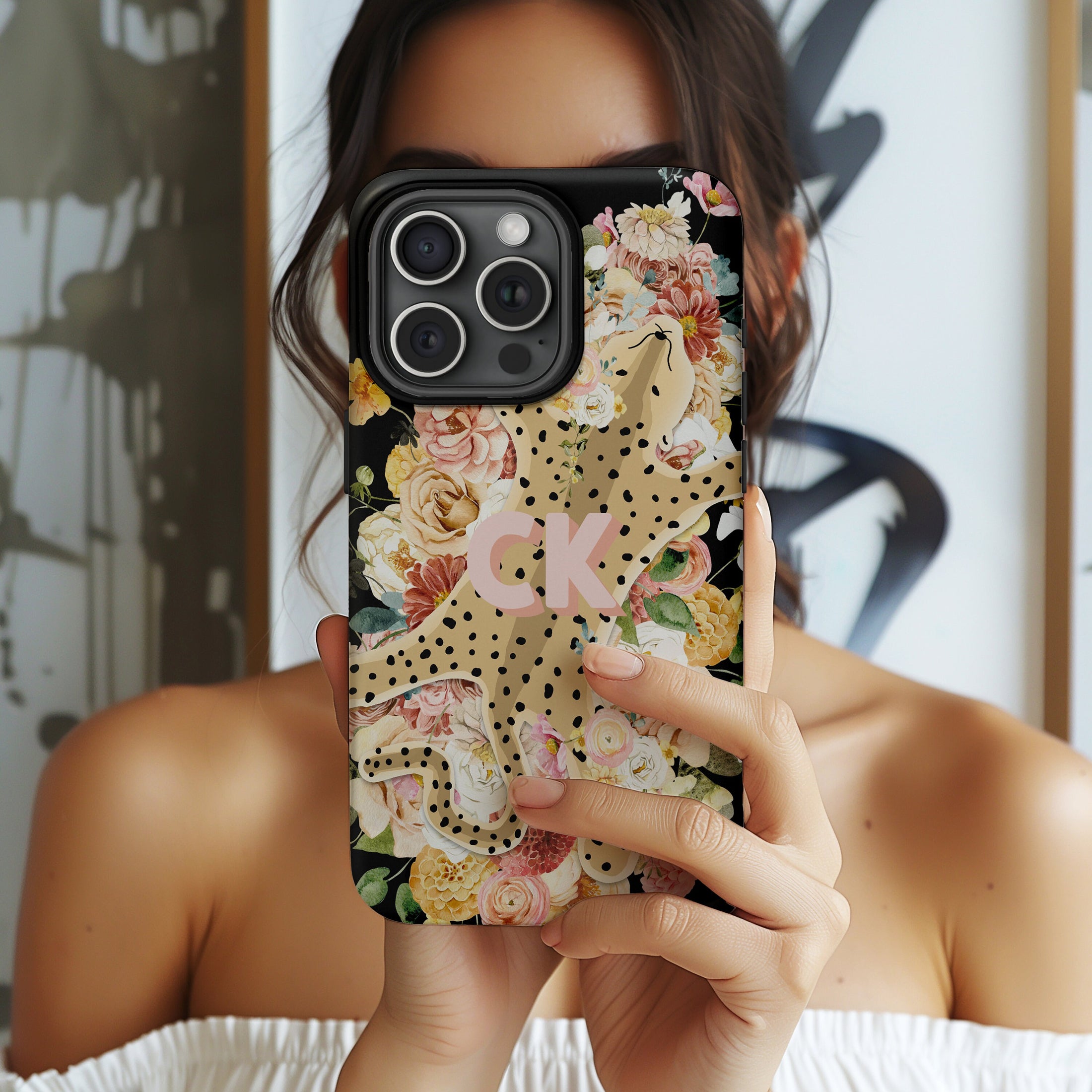 Personalized Shadow Initial Phone Case, Custom Name, iPhone 16, 15, Magsafe, iPhone 16, Pro Max, Mini, Iphone 12, Leopard Rug Flowers