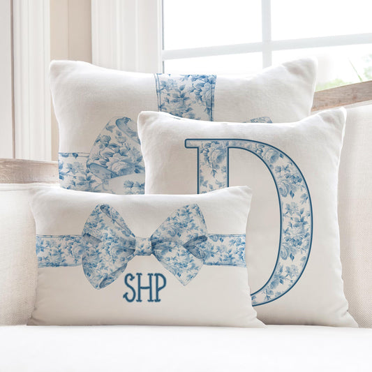 Personalized Pillow Cover, Monogram Initial, Custom, Grandma Coastal, Preppy Grand millennial, Fancy Roses, Blue, Bows, Ribbons, Coquette