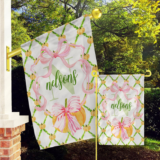 Personalized Flag, Custom Fall Garden & House Flag, Preppy Chinoiserie, Pink Bow Pumpkin, Name, Initial, Halloween, Vines, Pastel Decor