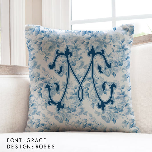 Personalized Pillow Cover, Monogram Initial, Custom Pillow Case,Preppy Grand millenial, Fancy Rose Pattern, Light Blue,Love Ribbon, Coquette