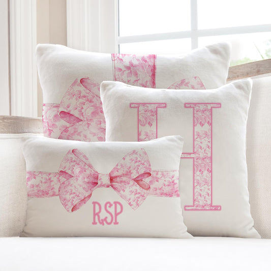 Personalized Pillow Cover, Monogram Initial, Custom Pillow Case, Preppy Grand millennial, Fancy Rose Pattern, Pink, Bows, Ribbons, Coquette