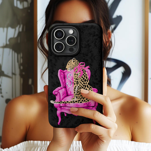 Personalized Leopard Initial Phone Case, Custom Name, iPhone 16, 15, Magsafe, iPhone 16, Pro Max, Iphone 12, Black Toile, Pink Chair