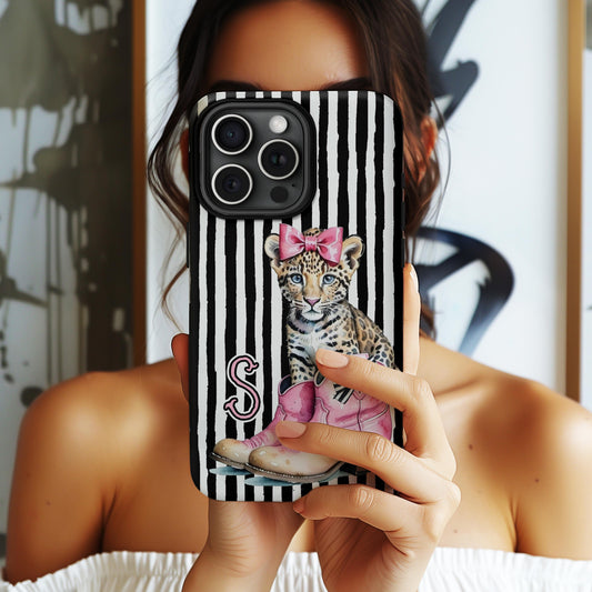 Personalized Leopard Initial Phone Case, Custom Name, iPhone 16, 15, Magsafe, iPhone 16, Pro Max, Iphone 12, Black Stripes, Pink Boots