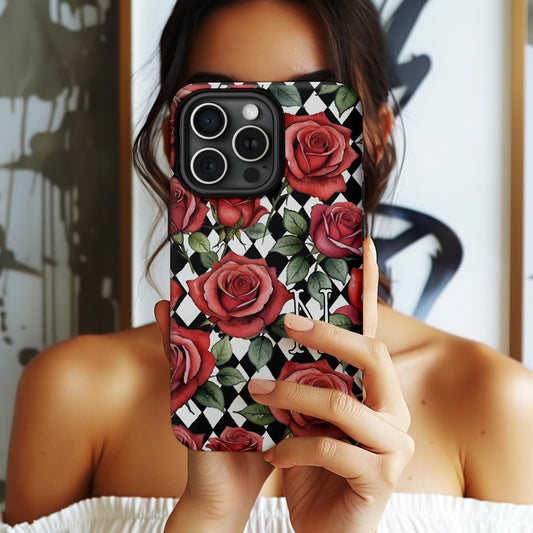 Personalized Red Rose Initial Phone Case, Custom Name, iPhone 16, 15, Magsafe, iPhone 16, Pro Max, Iphone 12, Red Flowers, Harlequin Diamond