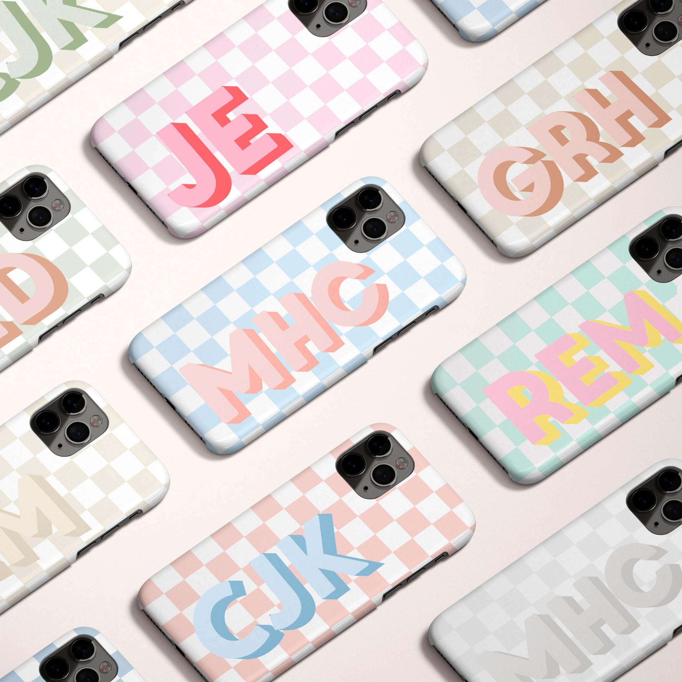 Personalized Shadow Initial Phone Case, Custom Name, iPhone 16, 15, Magsafe, iPhone 16, Pro Max, Iphone 12, Pastel Checkers, Boho, Neutral