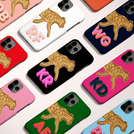 Personalized Shadow Initial Phone Case, Custom Name, iPhone 16, 15, 14, 13, 12, Magsafe, Pro Max, Plus,Mini, Watercolor Leopard, Cheetah